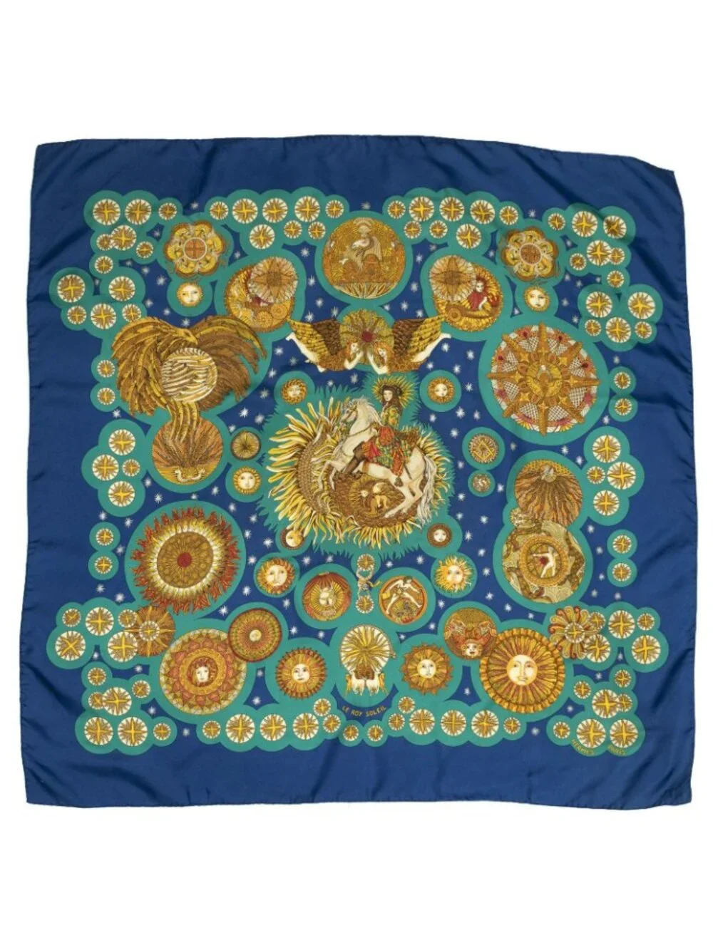 Hermes Scarf Navy Teal Gold 100 % Twill Silk